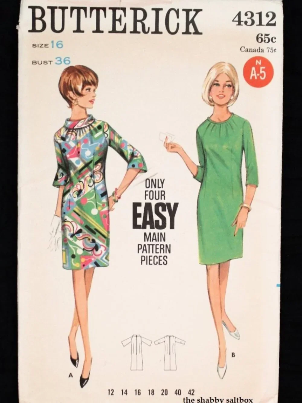 VTG 60s Butterick Sewing Dress Pattern 36B Sz 16 Semi-Fitted Bell Sleeve #4312
